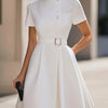 Short Sleeves Belted Buttoned Solid Color Stand Collar Mini Dresses