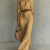 Women’s Long Maxi Dress with Lapel Collar and Long Sleeves