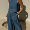 Solid Color Round-Neck Sleeveless Vest + Elasticity Wide Leg Pants Two Pieces Set