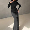 JOSALIE™ - Elegant Ruched Bodycon Dress with Padded Shoulders & Long Sleeve