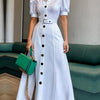 Puff Sleeves Short Sleeves Belted Buttoned Solid Color Lapel Maxi Dresses Shirt Dress