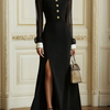 Long Sleeves Buttoned See-Through Solid Color Split-Side Lapel Maxi Dresses Shirt Dress