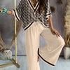 Urban Loose Printed V-Neck T-Shirts Tops& Drawstring Wide Leg Pants Suits