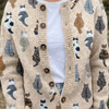Soft Knit Cat Pattern Cardigan Relaxed Fit Women