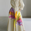 Long Sleeves Loose Floral Printed Pleated Split-Joint Tied Waist Lapel Midi Dresses Shirt Dress