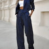 Loose Split-Joint Striped Lapel Jacket Outer + Straight Leg Pleated Suit Pants Two Pieces Set