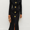 Long Sleeves Skinny Buttoned Solid Color Split-Front Stand Collar Midi Dresses Shirt Dress