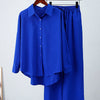 Solid Color High-Low Long Sleeves Lapel Blouses + Drawstring Pants Two Pieces Set